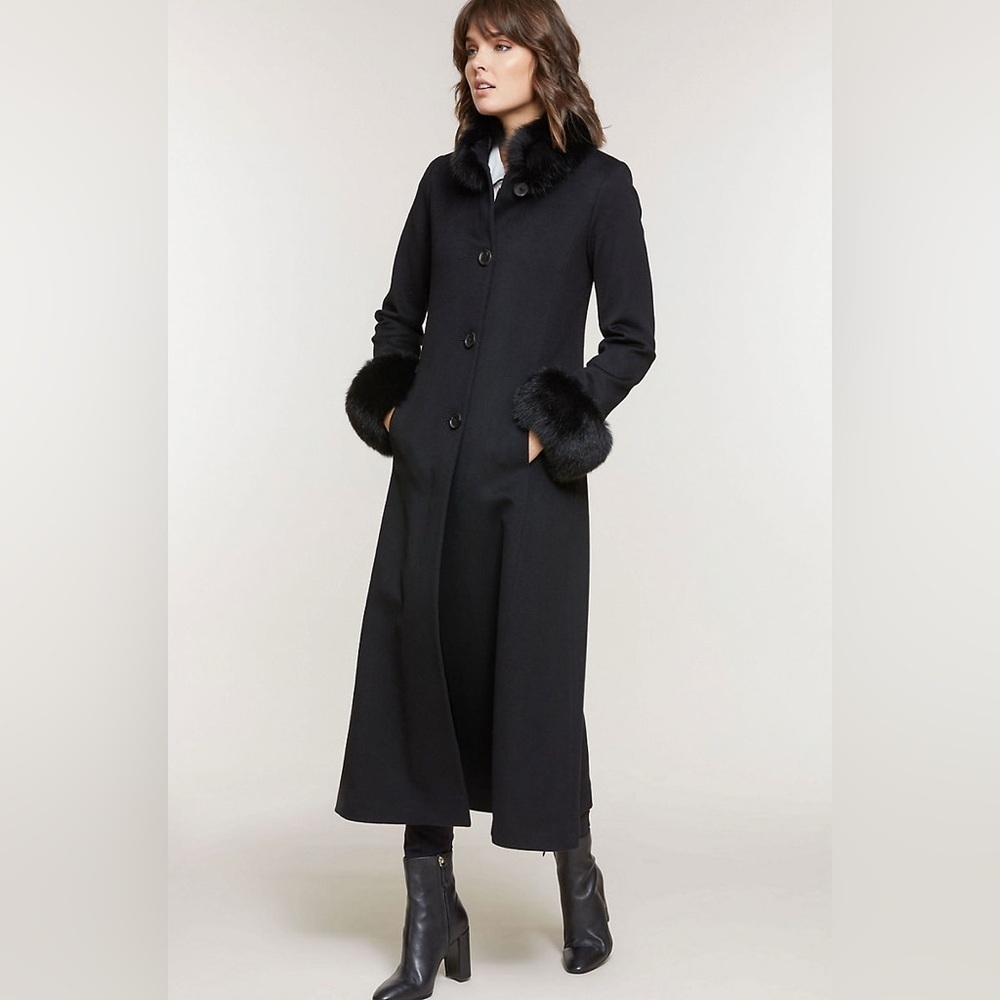 Vintage 100% Wool Rabbit Fur Trim Collar Pea Coat Black size 8 / medium